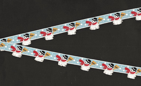 SNOWMAN D-01-A Jacquard Ribbon Polyester Trim 3/4" wide (20mm w/Fringe) Sky Blue Background w/Snowmen in Top Hats Brooms Red Scarf