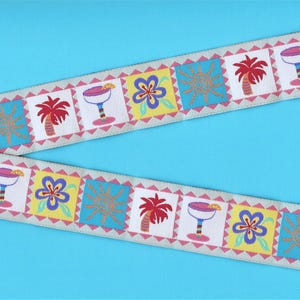 NOVELTY/Beach G-11-B Jacquard Ribbon Poly Trim 1-1/8&quot; wide (28mm) Douglas Paquette, Pastel Blocks w/Island Vacation Motifs