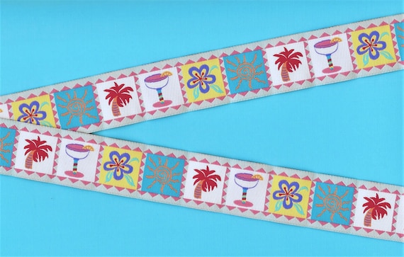 NOVELTY/Beach G-11-B Jacquard Ribbon Poly Trim 1-1/8" wide (28mm) Douglas Paquette, Pastel Blocks w/Island Vacation Motifs, Per Yard