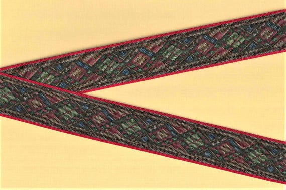 GEOMETRIC TAPESTRY H-18-A Jacquard Ribbon Poly Trim 1-1/2" Wide (38mm) Diamond Design in Black, Red, Blue, Green & Yellow