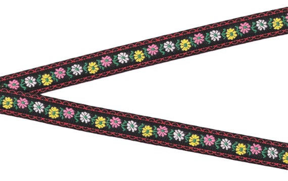FLORAL D-16-E Jacquard Ribbon Cotton Trim 3/4" wide (20mm) VINTAGE Black w/Yellow & Pink Flowers