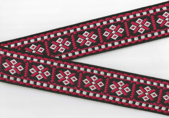 NATIVE AMERICAN K-09-C Jacquard Ribbon Cotton Trim 2-1/8" Wide (54mm) Black Background, Red & White Block Design, Per Yard