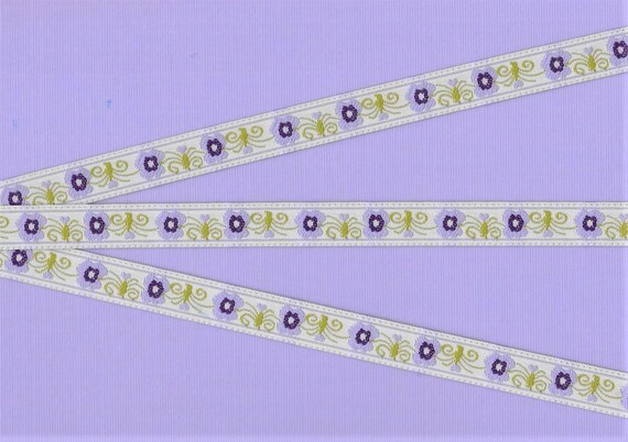 FLORAL B-28-A Jacquard Ribbon Polyester Trim, 1/2" Wide (13mm) White Background, Variegated Lilac Flowers, Olive Green Leaves, Per Yard