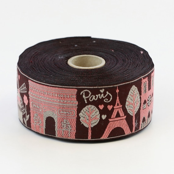 KAFKA H-17/06 Jacquard Ribbon Woven Organic Cotton Trim, 1+9/16" wide (40mm) PARIS Collection - Skyline in Brown, Apricot & Beige