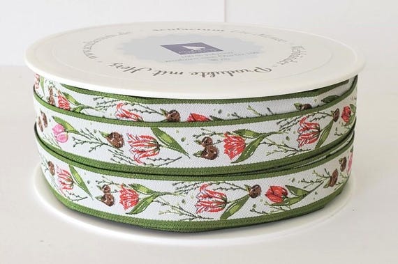 KERSTIN HESS Floral Jacquard Ribbon Woven Trim 5/8" wide (16mm) From Germany "Tulip Time" Off-White Background w/Pretty Pink & Red Tulips