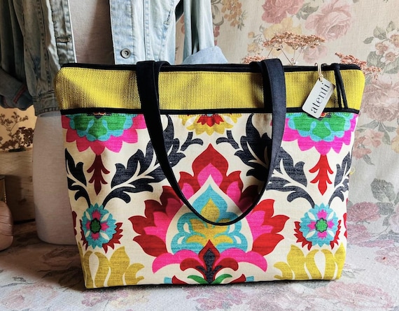 ATENTI Handmade Bags "Santa Maria" Bright Floral Design, Satchel Bag Organizer, Needle Arts/Knitting Bag, Diaper Bag, USA Made