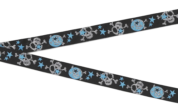 NOVELTY/Skulls C-07-A Jacquard Ribbon Poly Trim 5/8" wide (16mm) Black w/Silver Skulls & Crossbones, blue Stars