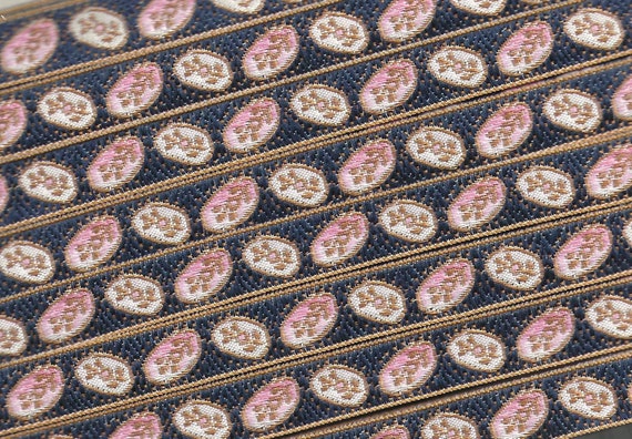 FLORAL B-09-C Jacquard Ribbon Woven Poly Trim 1/2" Wide (13mm) From France, Floral Medallion Design in Navy/Pink/Ivory/Tan