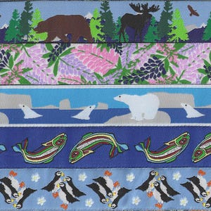 Emballage-cadeau de rubans de l'Alaska n° 8, ruban jacquard, bordure en poly 22 mm (7/8 po.) 1 yard de chacun des 5 motifs : orignal et ours, lupin, ours polaires, poisson, macareux