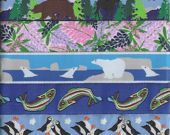 May include: A collection of patterned ribbons featuring various nature-themed designs. The ribbons display images of a brown bear, moose, floral patterns, polar bears, fish, and puffins. The color palette includes blues, greens, pinks, and whites.