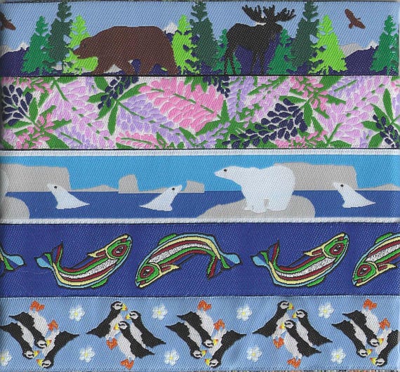 ALASKAN Ribbon Gift Pak #8 Jacquard Ribbon Poly Trim 7/8" (22mm) 1yd each of 5 Designs Moose & Bears, Lupine, Polar Bears, Fish, Puffins