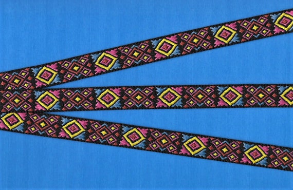 NATIVE AMERICAN C-01-A Jacquard Ribbon Poly Trim, 5/8" Wide (16mm) Bright, Multi-Colorful Diamond Tribal Aztec Native Pattern, Per Yard
