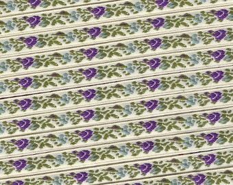 FLORAL A-08-E Jacquard Ribbon Poly Trim, 3/8" Wide (9mm) Cream Background w/Petite Purple/Lt Blue Flowers, Olive Green Leaves