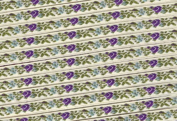 FLORAL A-08-E Jacquard Ribbon Poly Trim 3/8" wide (9mm) Cream w/Purple & Lt Blue Flowers