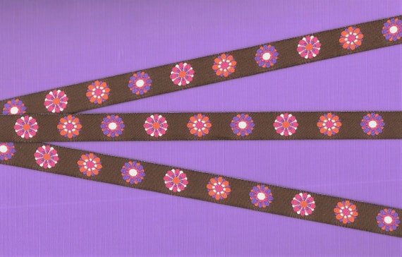 FLORAL C-45-F Jacquard Ribbon Polyester Trim 5/8" wide (16mm) Kaffe Fassett, Brown w/Orange, Purple, Pink & White Flowers