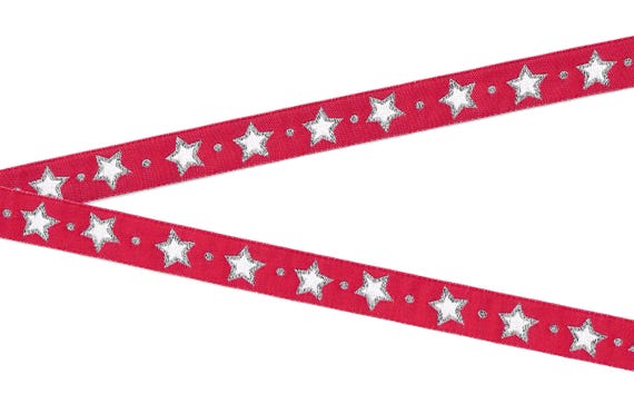 STARS C-10-B Jacquard Ribbon Poly Trim 5/8" 2ide (16mm) Red Background, White Stars with Silver Metallic Accents