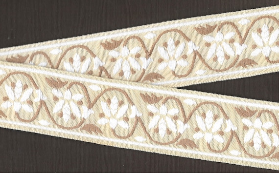 FLORAL K-08-A Jacquard Ribbon French Cotton Trim 2" wide (50mm) VINTAGE Beige Background w/White Flowers and Tan Vines/Leaves, Per Yard