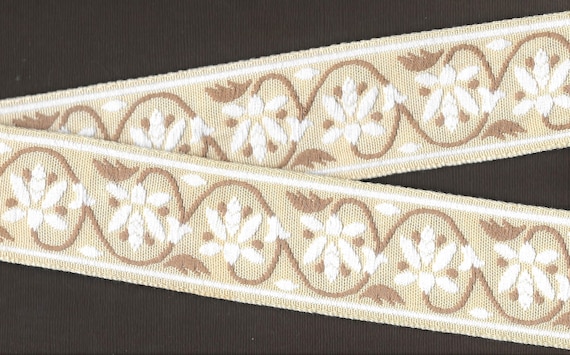 FLORAL K-08-A Jacquard Ribbon French Cotton Trim 2" wide (50mm) VINTAGE Beige Background w/White Flowers and Tan Vines/Leaves, Per Yard