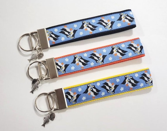 BIRDS Jacquard Ribbon/Nylon Web 1" wide (25mm) Key Fobs, Forget-Me-Not Puffins w/Charms, Keychain, Wristlet, Luggage Tags 5.5" long