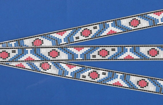 NATIVE AMERICAN D-39 Jacquard Ribbon Poly Trim, 3/4" Wide (20mm) White Satin w/Royal Blue, Red & Black "Cross Stitch" Design, Per Yard