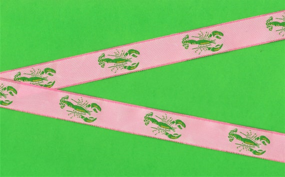 ANIMALS/Water E-06-A Jacquard Ribbon Poly Trim 7/8" Wide (22mm) Green Lobsters, Yellow Accents on Pink, use as Patches, Appliques