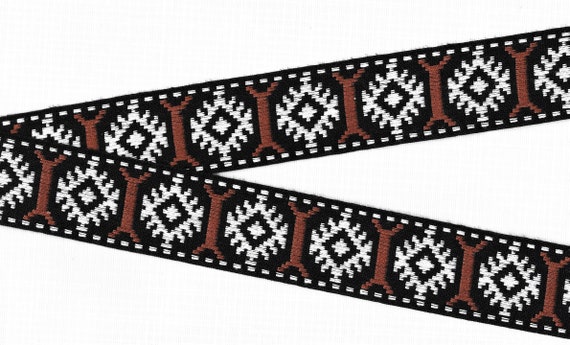 NATIVE AMERICAN G-01-A Jacquard Ribbon Cotton Trim, 1-1/4" Wide (32mm) Black Background w/Brown & White Tribal Design, Per Yard