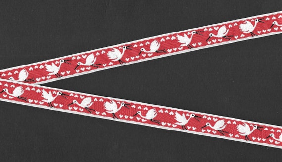 CHILDREN's C-10-B Jacquard Ribbon Poly Trim 5/8" wide (16mm) Made in France, Red w/White Borders, Flying Storks & Hearts, Black Accents