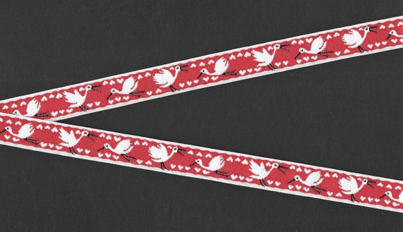 CHILDREN's C-10-B Jacquard Ribbon Poly Trim, 5/8" Wide (16mm) Red Background, White Borders, Hearts & Flying Storks, Black Accents