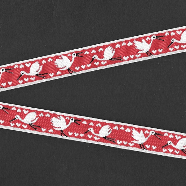 CHILDREN's C-10-B Jacquard Ribbon Poly Trim, 5/8" Wide (16mm) Red Background, White Borders, Hearts & Flying Storks, Black Accents