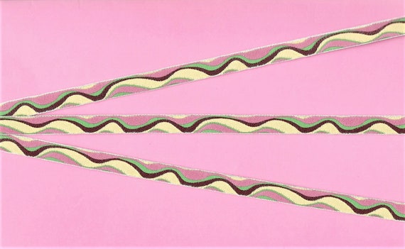 GEOMETRIC A-18-A Jacquard Ribbon Polyester Trim 3/8" wide (9mm) Cream Background w/Rose Pink, Burgundy & Spring Green Wave Design