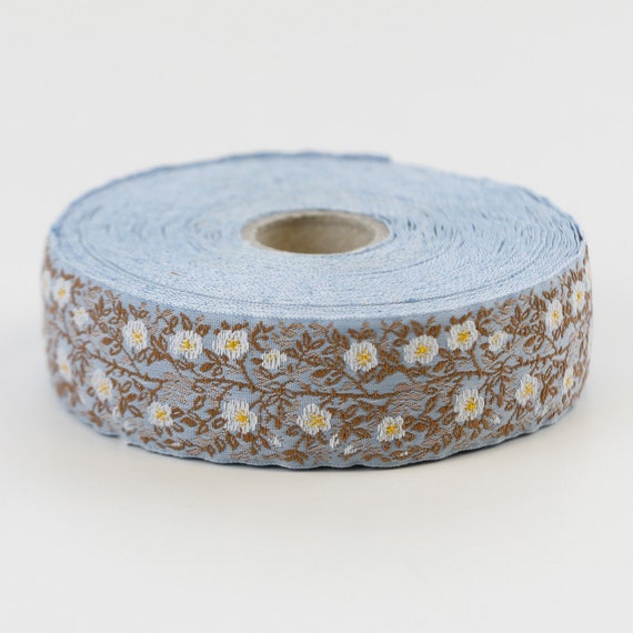 KAFKA F-02/10 Jacquard Ribbon Woven Organic Cotton Trim 1" wide (25mm) Sky Blue Background w/White & Yellow Wild Roses, 2-Tone Brown Leaves