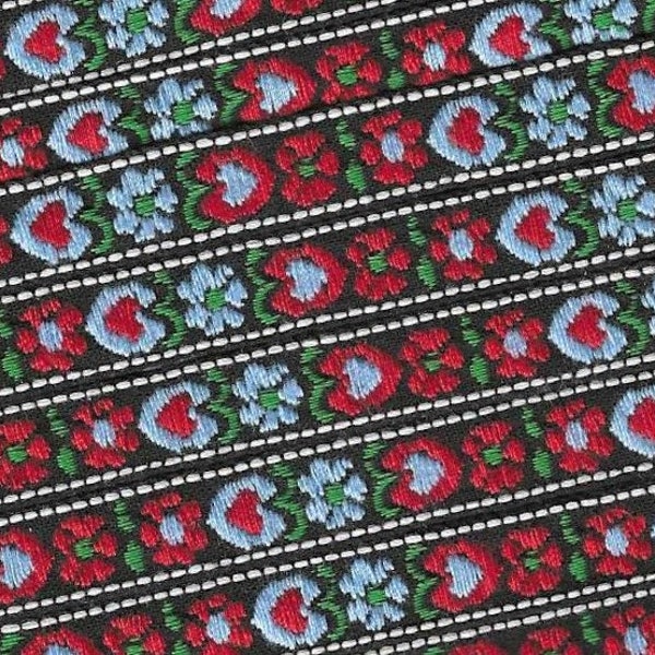 HEARTS/FLOWERS B-14-E Jacquard Ribbon Cotton Trim 1/2" wide (13mm) Black Background w/Red & Blue Hearts/Flowers, Green Accents