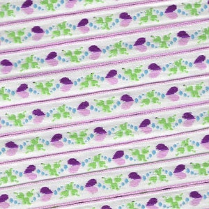 HEARTS/FLOWERS B-12-H Jacquard Ribbon Cotton Trim, 1/2&quot; Wide (13mm) White w/Purple Variegated Hearts, Blue Accents, Green Leaves