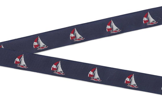 SPORTS/Nautical E-01-A Jacquard Ribbon Poly Trim 7/8" wide (22mm) Dark Navy Background w/Red & White Sailboats, Patches, Appliques