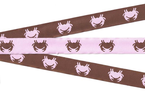 ANIMALS/Water E-02-D Jacquard Ribbon Poly Trim 15/16" wide (24mm) REVERSIBLE Brown w/Pink Crabs