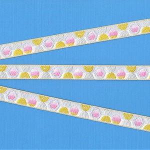 Cinta de jacquard con lunares B-21-G, ribete de poliéster, 1/2" de ancho (13 mm), poco común, fabricada en Francia, lunares retro modernos en azul pastel, rosa y lima