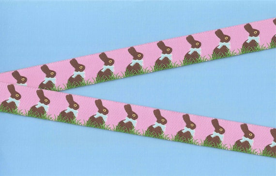 ANIMALS/Farm E-01-A Jacquard Ribbon Poly Trim 7/8" wide (22mm) EASTER Pink Background w/Chocolate Bunny Rabbits, Blue Bows