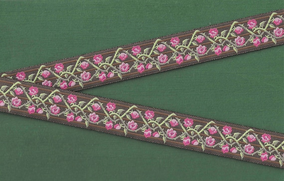 FLORAL F-14-D Jacquard Ribbon Poly Trim 1" wide (25mm) Made in Spain, Brown Background w/Variegated Pink Roses, Trellis w/Olive Green Vines