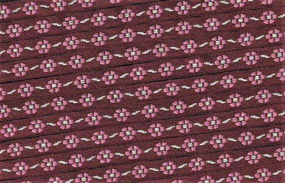 FLORAL A-02-C Jacquard Ribbon Poly Trim, 5/16" wide (9mm) Burgundy w/Petite Rose Pink Flowers, Silver Metallic Accents