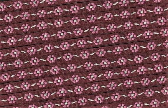 FLORAL A-02-C Jacquard Ribbon Poly Trim, 5/16" wide (9mm) Burgundy w/Petite Rose Pink Flowers, Silver Metallic Accents