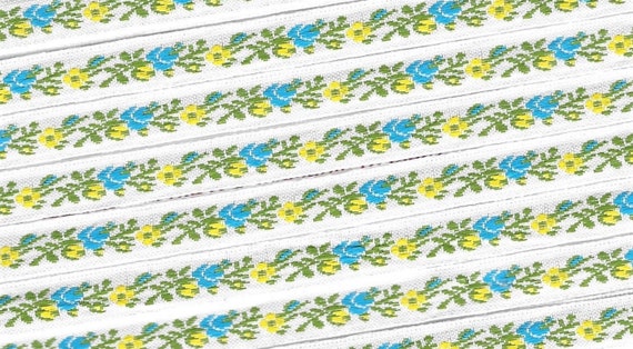 FLORAL A-08-R Jacquard Ribbon Poly Trim 7/16" wide White Background w/Petite Yellow & Turquoise Flowers, Olive Green Leaves