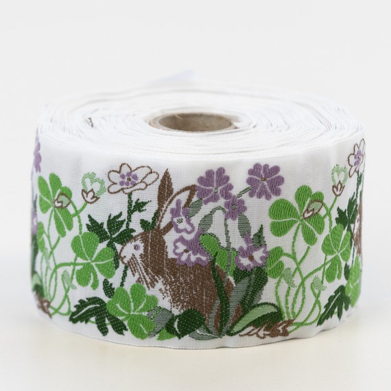 KAFKA K-04/08 Jacquard Ribbon Woven Organic Cotton Trim 2" wide (50mm) FREE BUTTON! White w/Rabbits, Purple Flowers & Green Garden