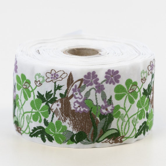 KAFKA K-04/08 Jacquard Ribbon Woven Organic Cotton Trim 2" wide (50mm) White Background w/Rabbits, Purple Flowers in a Green Garden