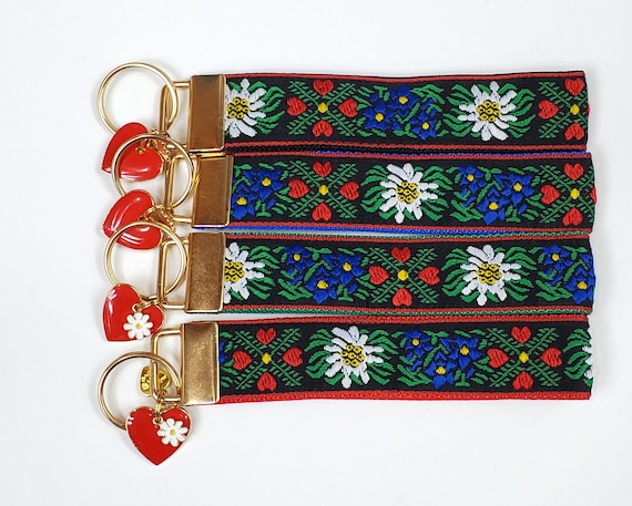 FLORAL Jacquard Ribbon/Nylon Web 1" wide (25mm) Key Fobs, Edelweiss Flowers & Hearts w/Charms, Keychain Key Wristlet Luggage Tags 5.5" long