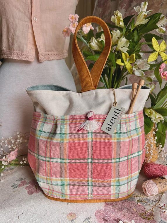 ATENTI Handmade Bags "BUBBLEGUM" Cream & Apricot Plaid, 8-Pocket Tall Caddy Organizer, Needle Arts/Knitting Bag, Project Bag, USA Made
