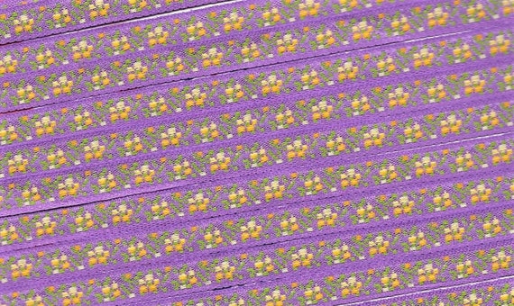 FLORAL A-05-L Jacquard Ribbon Rayon Trim 5/16" wide, Made in France, "Orchid" Purple w/Variegated Yellow Flowers, Green Leaves