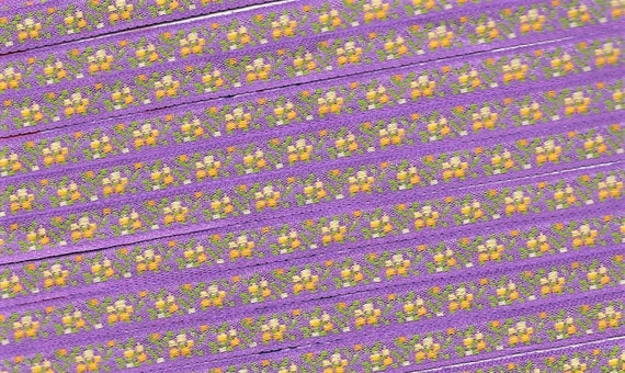 FLORAL A-05-L Jacquard Ribbon Rayon Trim 5/16" wide, Made in France, "Orchid" Purple w/Variegated Yellow Flowers, Green Leaves