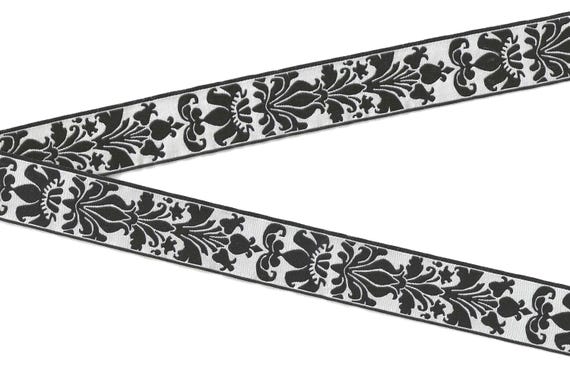 FLORAL F-51-A Jacquard Ribbon Poly Trim 1" wide (25mm) Black & White Floral Design