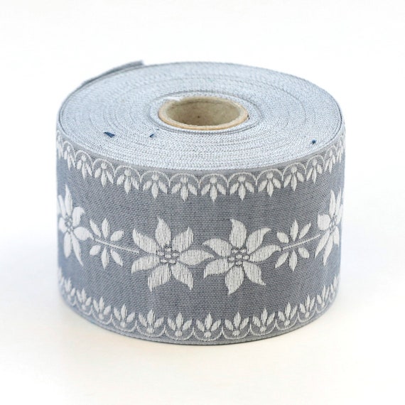 KAFKA K-08/05 Jacquard Ribbon Woven Organic Cotton Trim 2" wide (50mm) Lt Gray w/Large White Edelweiss Flowers (Center) Silver Accents