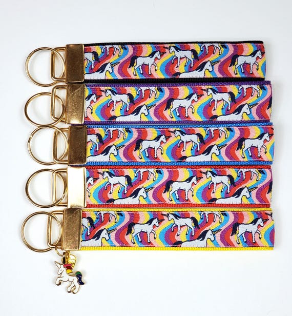 UNICORNS Jacquard Ribbon/Nylon Web 1" wide (25mm) 5.5" long Key Fob w/Charms